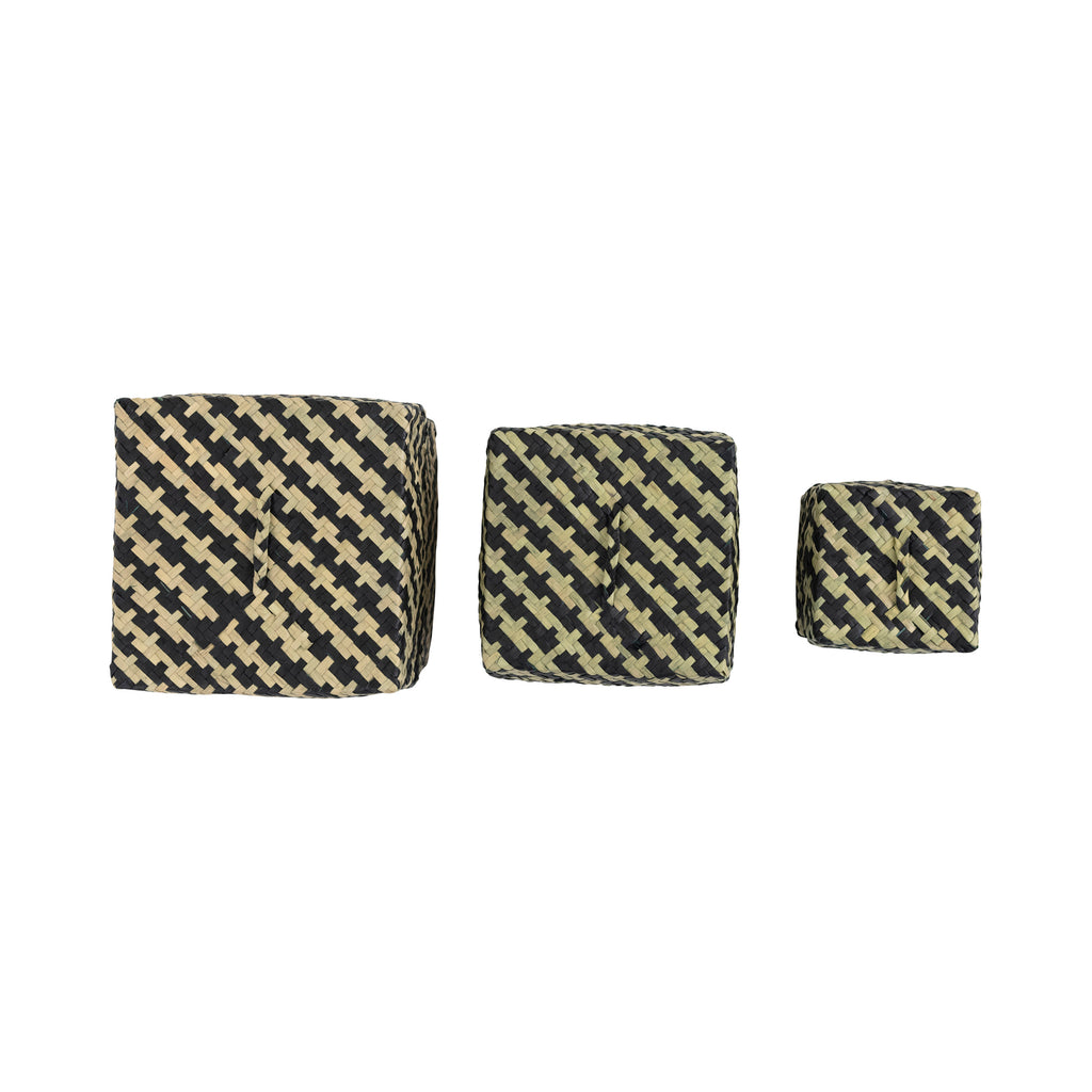 Hand-Woven Seagrass Baskets with Lids and Pattern, Set of 3