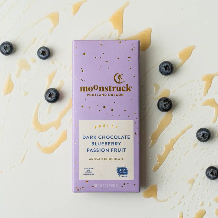 Fruity Dark Chocolate Blueberry Passion Fruit Bar - Moonstruck Chocolate