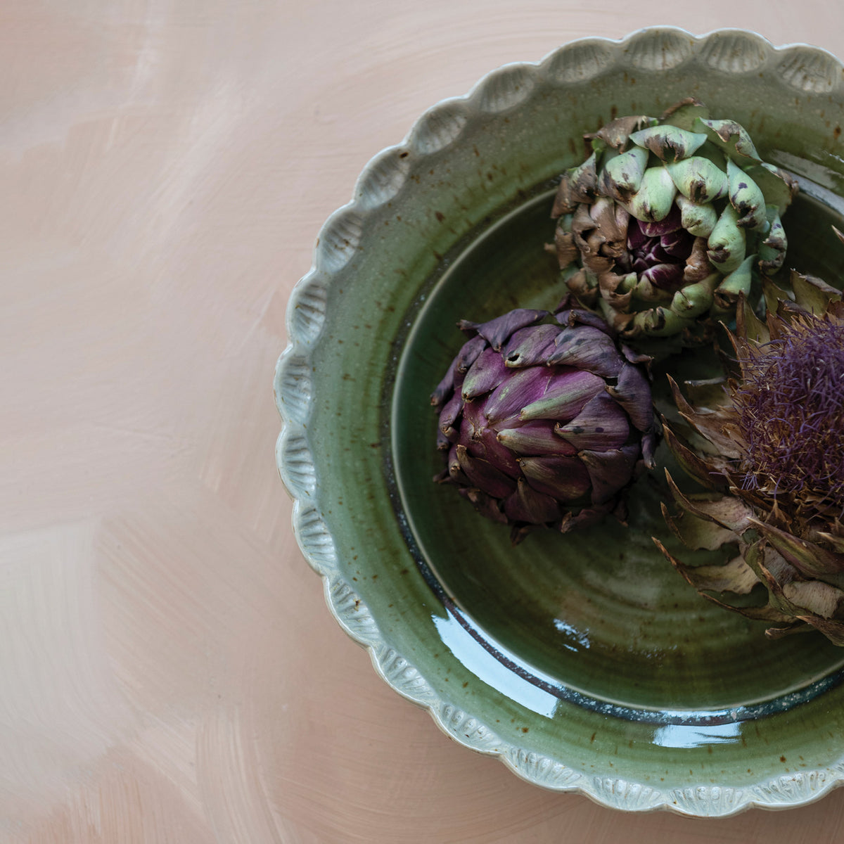 Green Stoneware Bowl w/ Scalloped Edge