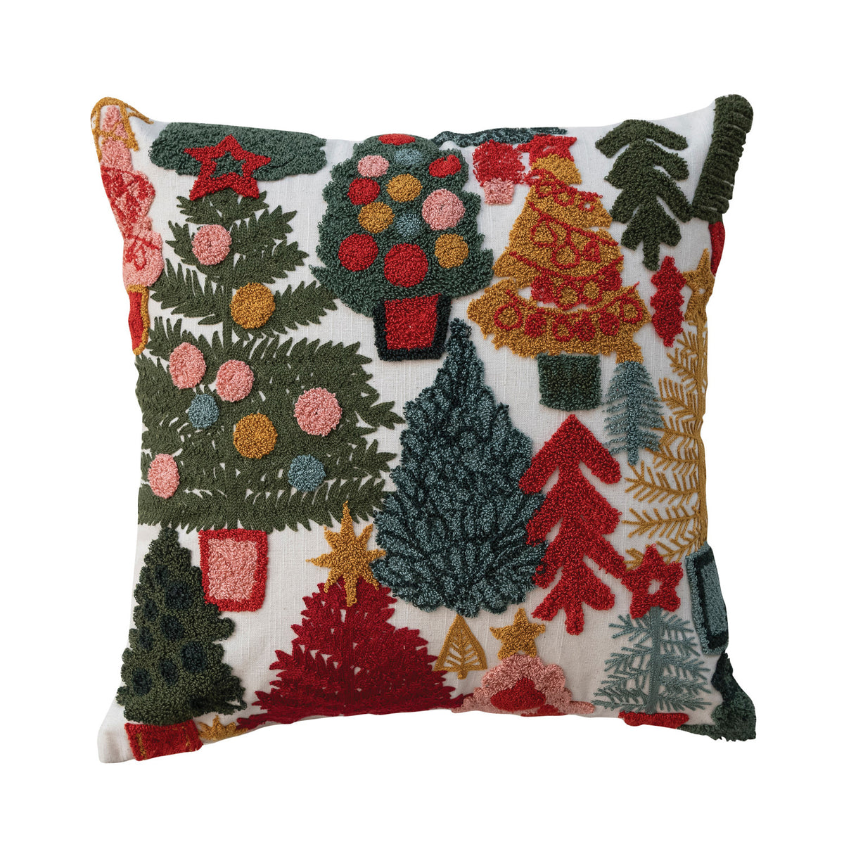 18" Square Cotton Slub Pillow with Embroidered Christmas Trees & Tufting