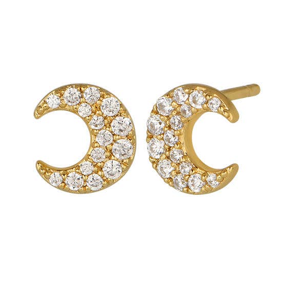 Crescent Moon CZ Diamond Stud Earrings in Gold
